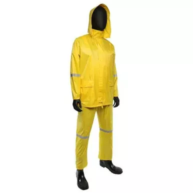 .18 MM DNIP Low-Lead PVC over Polyester 3pcs Rain Suit, 1″ Reflective Silver Tape, Zip Up Front w/ Button Storm Flaps, Hidden Zipper Pocket, Sewn & Taped Seams, Detachable Hood w/ Visor – Safety Yello 4338/M